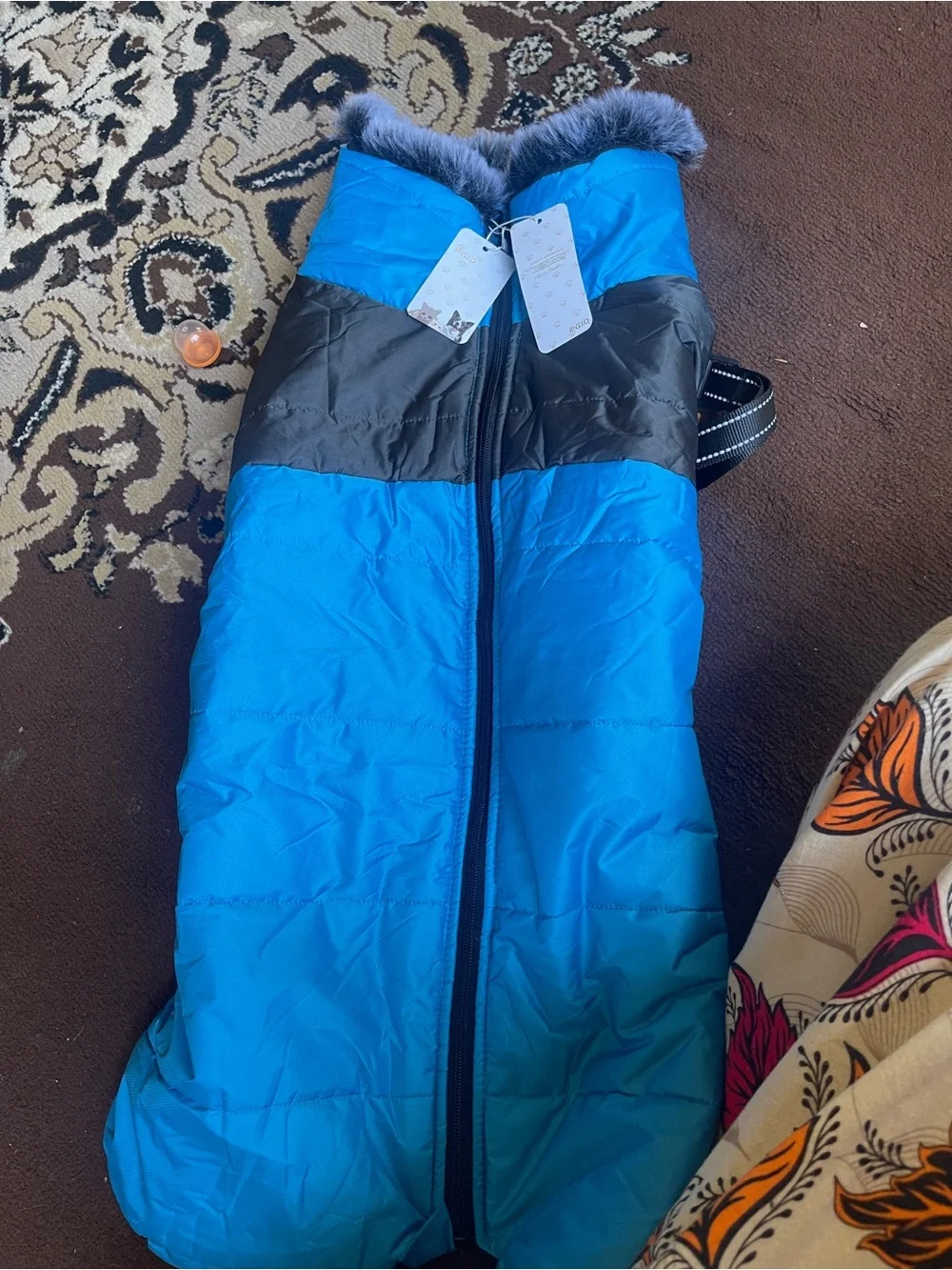 Cozy Blue & Gray Quilted Dog Coat with Faux Fur Hood - Unbranded